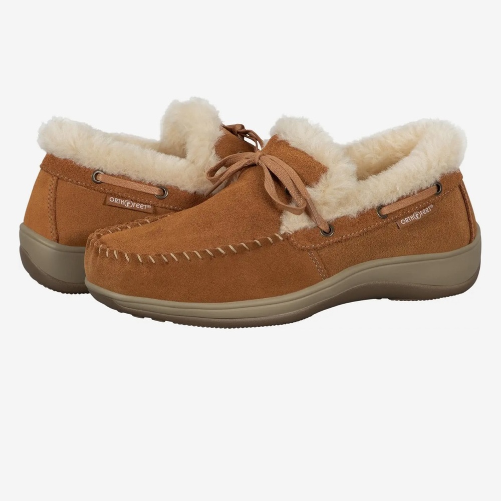 Orthofeet Capri Moccasin Faux Fur Slipper Women's Sz 12W Camel Suede